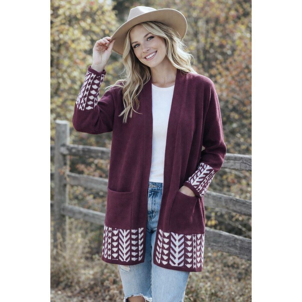 Frye Tribal Trim Open Front Cardigan Sweater Burgundy Cozy Knit Women XXL